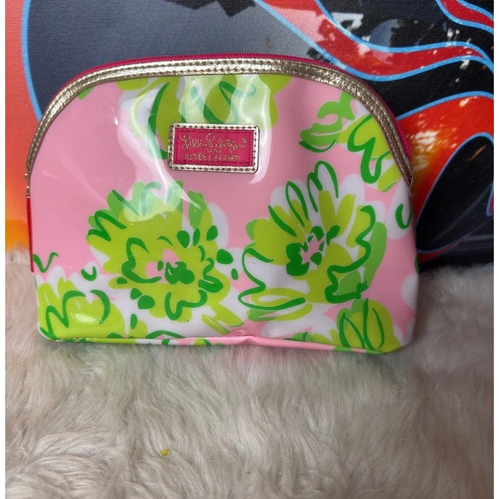 Lilly Pulitzer Estee Lauder Cosmetic Bag Pink Green Floral Makeup Pouch Dome Zip